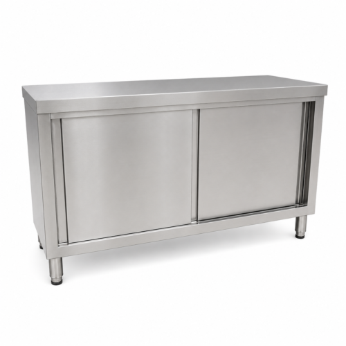 Mesón Central Cerrado de Acero Inoxidable con 2 Puertas Correderas 180 × 60 × 85